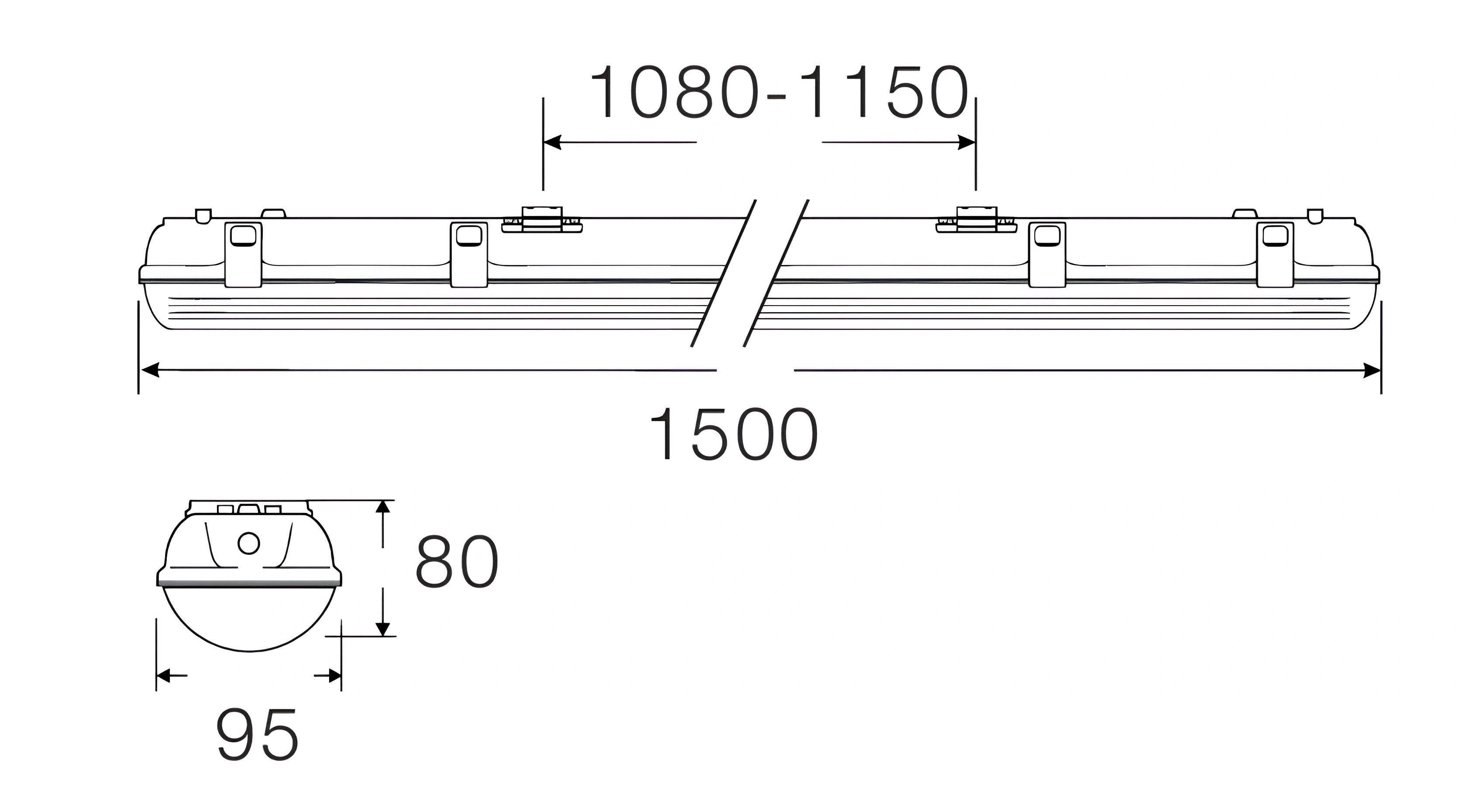 Rozměry svítidla TPLB150 1500x80x72mm